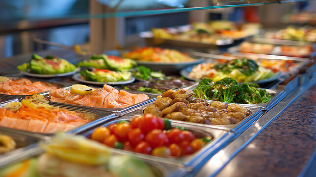 Abundant Hot and Cold Buffet Spread with Fresh Seafood and Vegetables