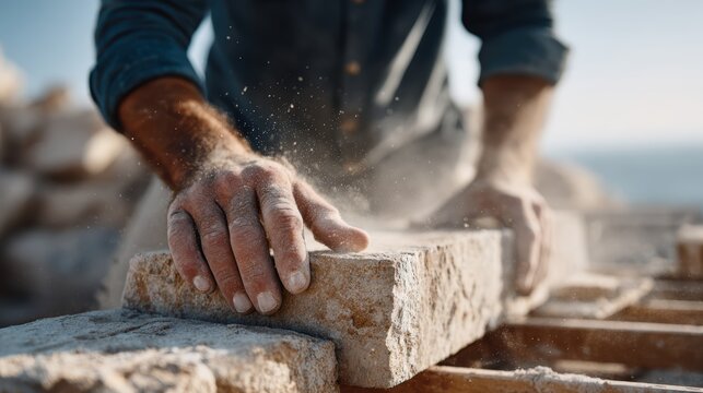 A craftsman skillfully shapes stone under bright sunlight, highlighting the artistry and dedication in manual work, showcasing the beauty of craftsmanship in action.