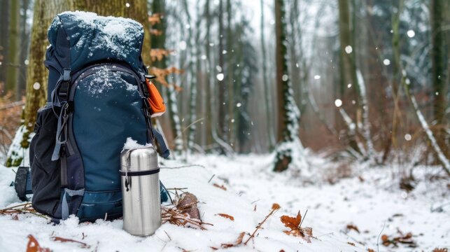Winter Hiking Adventure with Backpack and Thermos in Snowy Forest Landscape