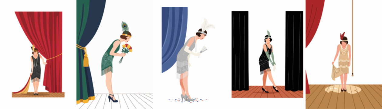 Set of Vintage Illustrations Featuring 1920s Flapper Girls in Elegant Outfits Performing on Stage with Theatrical Curtains and Spotlights.