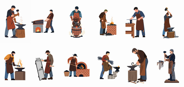 Collection of professional blacksmiths characters working with metal, fire, and hammers in traditional forge workshops, flat vector illustration set on white background.