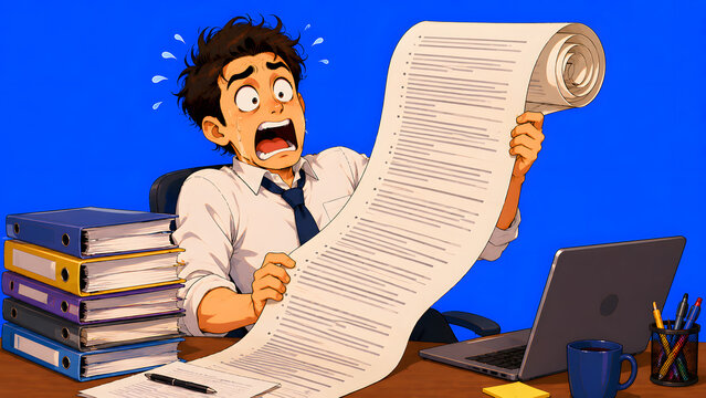 Anime man shocked by a long scroll of tasks at his office desk, depicting extreme work stress.