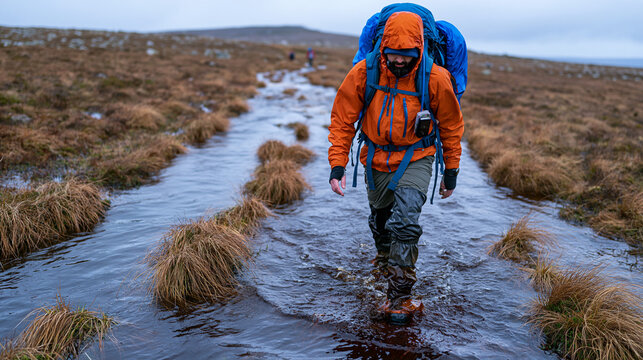 Highland multi day trekker crossing flooded peat bog on remote Scottish plateau, gaiters soaked above ankle, map in waterproof case, no path visible ahead, low cloud obscuring summit, fully loaded e