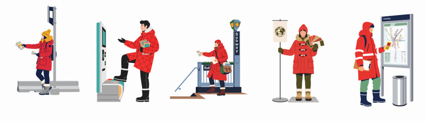 Set of vector illustrations featuring people in red winter parkas engaged in urban activities like distributing flyers and using public transit. © Woo