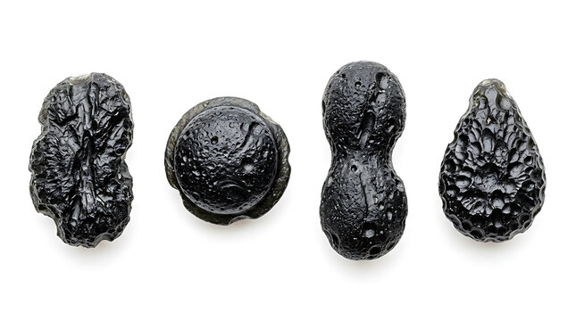 Four distinct black mineraloid tektites isolated on a white background