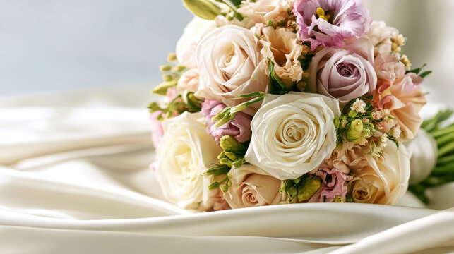 Partial bridal bouquet rests on white satin fabric with a soft washed-out backdrop, capturing details of colors and textures in a studio setting