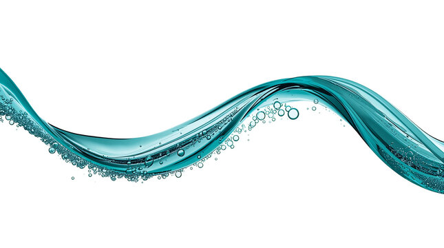 Close-up, abstract photograph featuring a dynamic wave of turquoise liquid against a stark white background. The liquid is captured in motion, creating a smooth, flowing curve that dominates the compo