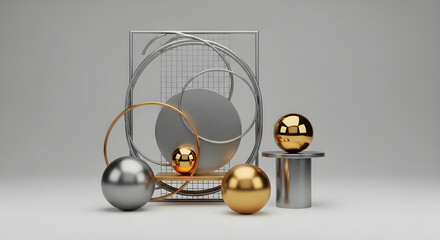 A futuristic scene with metallic spheres and geometric shapes on a table indoors