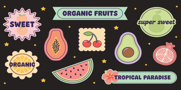 Pastel retro Y2K organic summer fruit sticker and badge vector set.