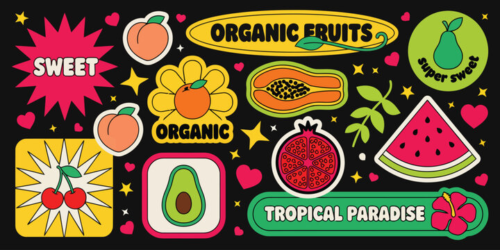 Colorful 90s pop art organic sweet fruits patch collection vector.

