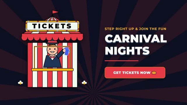 Cartoon Carnival Ticket Booth Illustration with Smiling Attendant and Event Invitation Text on Vintage Sunburst Background