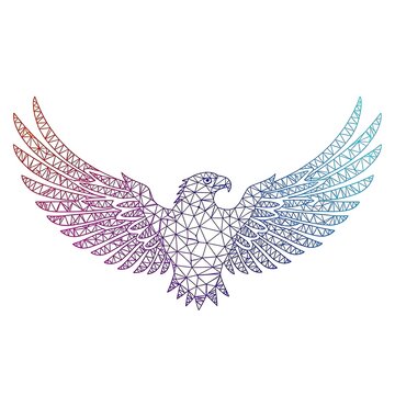 Geometric eagle illustration with wireframe mesh, low poly bird of prey with wings spread, colorful gradient eagle icon on white background