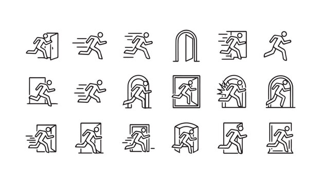 Silhouette figures running through doorways in a modern outline graphic design concept