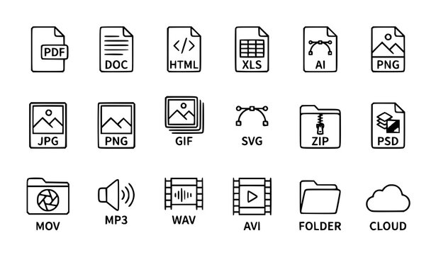 File extension icons vector minimal document media outline pack