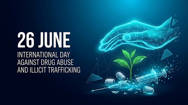 Digital glowing hands nurturing a growing sprout over broken drug needles for international day against drug abuse and illicit. international day against drug abuse and illicit trafficking