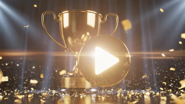 Golden trophy with play button and falling confetti for success and achievement celebration