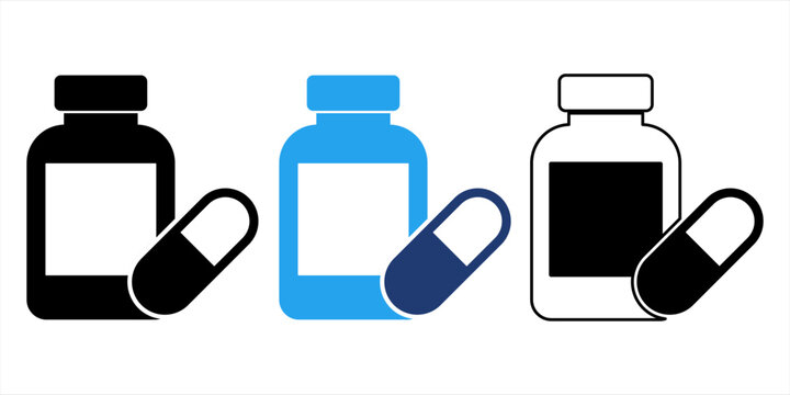 Medicine bottle and capsule pill icon set vector for healthcare website layout, medical application UI, and pharmacy flyer