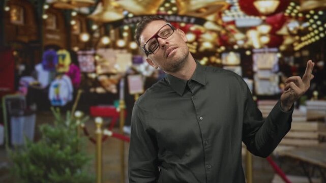 Man with glasses tilting head and pointing finger to temple in a crowded indoor building with market stalls and string lights; frustration exhaustion.