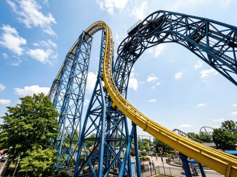 A large yellow and blue roller coaster with a steep drop at an amusement park