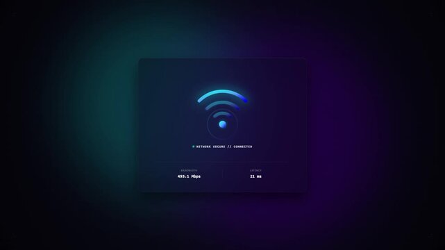 Smart home control panel with wi fi connectivity glowing blue symbols on dark background with purple and green gradient lights