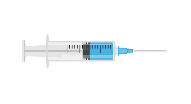 Syringe with blue liquid.