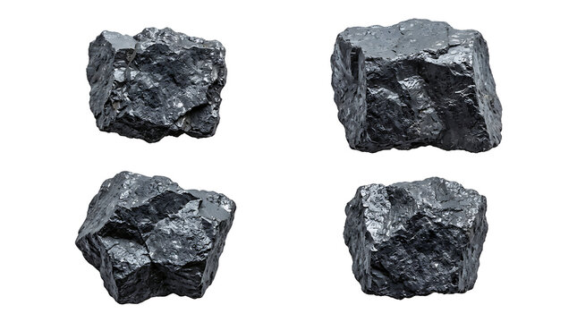 Four distinct pieces of raw coal or ore, dark mineral rocks, isolated on a clean white background