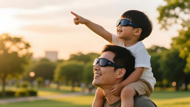 Happy father and son wearing solar eclipse glasses in park, young boy on dad's shoulders pointing at sky, family watching celestial event at sunset