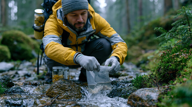 Forest ecologist in early morning mist attaching environmental DNA collection filter to stream water sampler, mycelium sampling jars in backpack, underground fungal network research field methodolog