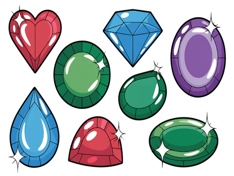 Colorful cartoon gems and jewels in various shapes and colors on white background  heart shaped red gem  blue teardrop gem  green oval gems  purple round gem