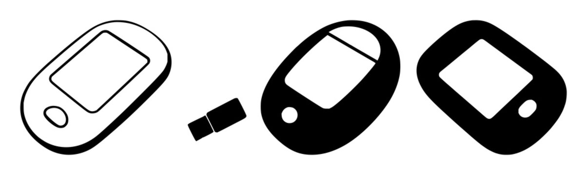 Glucose monitor icon set with a solid black device featuring a blood drop, a test strip, a display screen with results and a button for diabetes testing