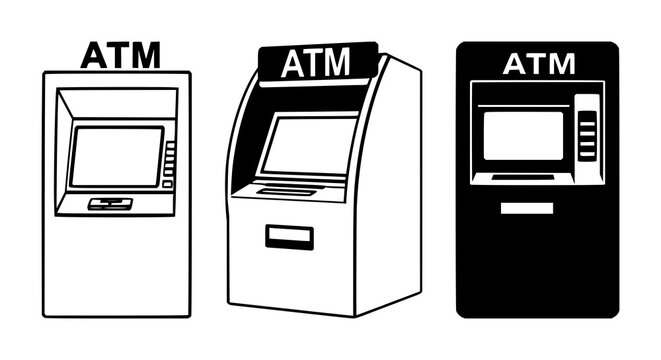 ATM cash withdrawal machine icon set with solid black design featuring financial services, banking, money with transactions and payment