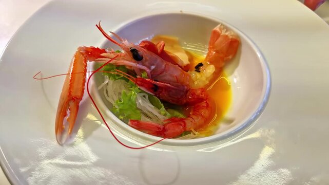 Detailed view of plated mix of shrimp and langoustines in a gourmet restaurant setting in Bergamo Italy editorial use only