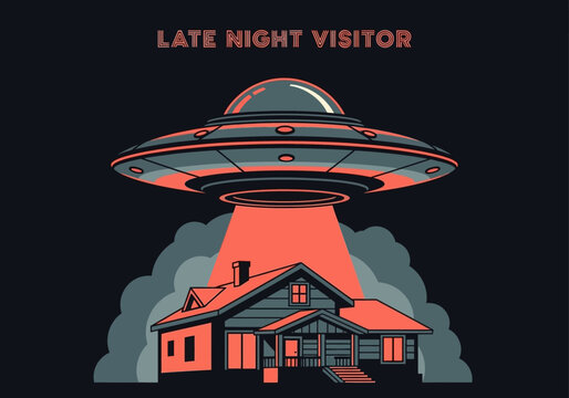 Retro Style UFO Illustration of a Flying Saucer Hovering Over a House with Light Beam, Alien Abduction Concept Art, Late Night Visitor Poster Design
