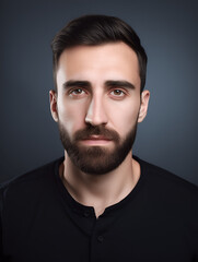 Obraz premium Handsome man with beard and short hair in a black shirt against a dark background