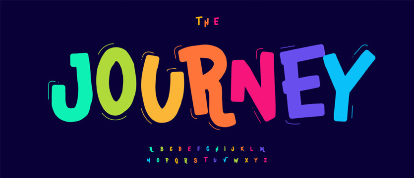 Fun Kid Font Joyful Journey Logo Alphabet Cartoon Letter Set Modern Typography, Cool Typographic Design for Adventure Comics Headline, Carnival Lettering Logotype, Youth Tee Fonts. Vector Typeface