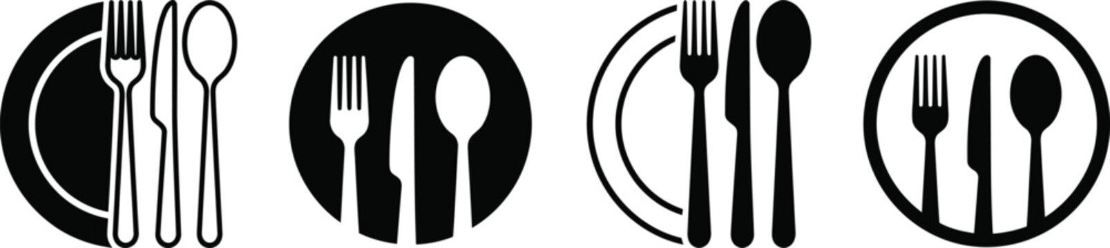 Minimalist black and white icons of cutlery including fork knife and spoon on round plates arranged in a row with contrasting backgrounds representing dining cuisine and restaurant themes