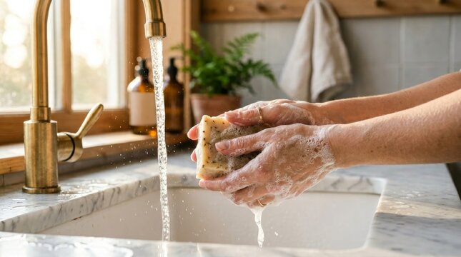 Hands wash a kitchen sponge under running water at a sink.