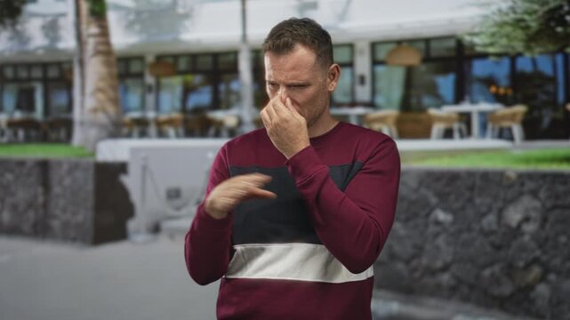 Man pinches nose and shields face with hand while gesturing away beside a building cafe seating area; disgust odor reaction.