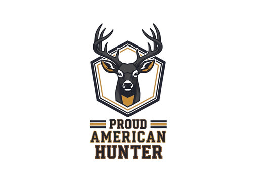 Proud American Hunter Emblem Featuring a Deer Buck Head with Antlers in a Hexagonal Shield, Patriotic Hunting Logo Vector Illustration for Outdoor Sports and Apparel