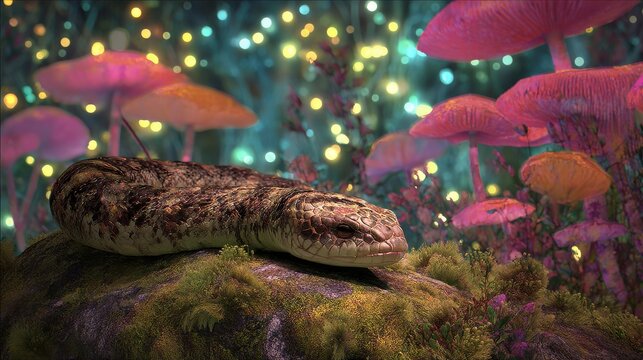 Python Snake Resting Among Vibrant Mushrooms