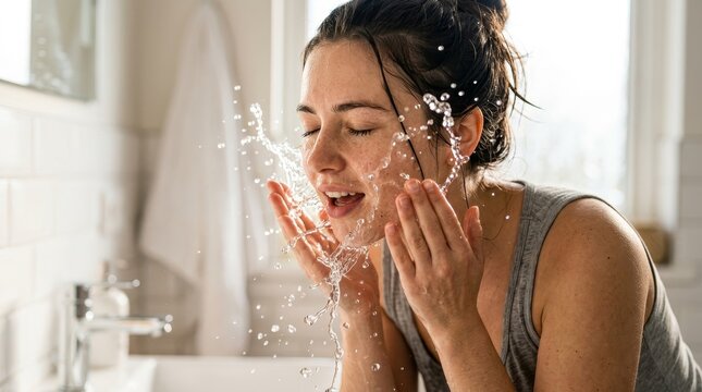 Woman rinses her face with water in the bathroom.