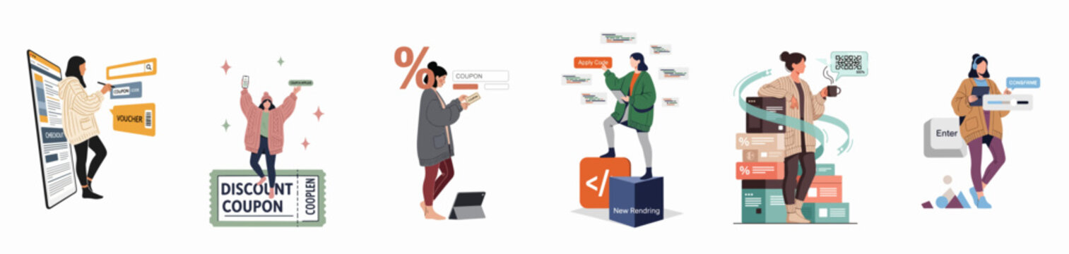 Flat illustration collection of a woman using digital tools for online shopping, including discount coupons, promo codes, QR codes, and checkout interfaces.