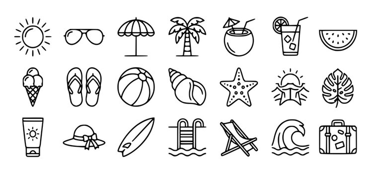 Summer Vacation and Beach Holiday Icon Set. Tropical Travel, Resort Activity, and Summertime Recreation Vector Line Icons 