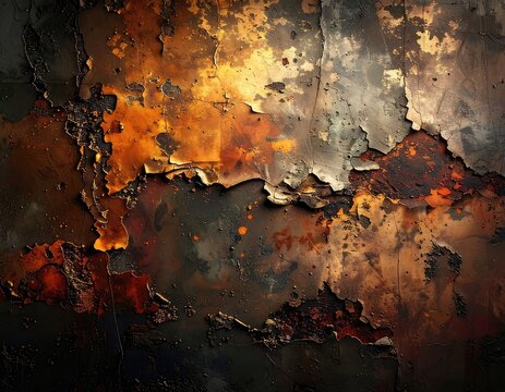 A close-up abstract view of peeling paint and rust on a textured surface, with a dramatic play of light and shadow.