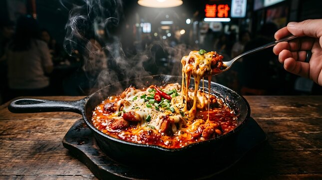 Spicy Buldak Chicken with Bubbling Sauce and Mozzarella Cheese