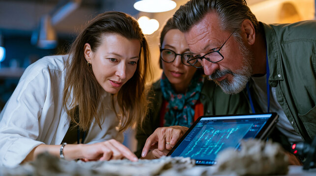 Archaeolinguist and museum curator couple examining fragmented Linear A script tablet under portable fluorescence imaging device, script pattern recognition software open on tablet, ancient language