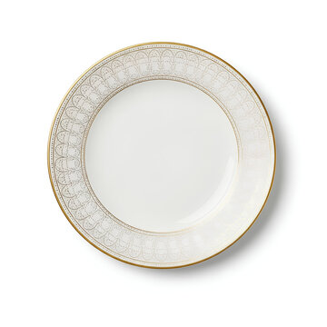 Elegant White Porcelain Plate with Gold Rim Design.
