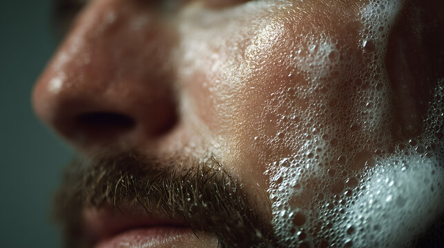 Male grooming, facial cleansing, bubbles, hygiene, bathroom, refreshing, morning, beard, healthy, texture, moisture, daily, wet, wellness, cosmetic, product, wash, lather, purity, portrait