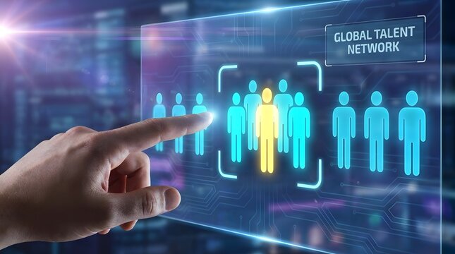 Businessman hand touching futuristic virtual screen with candidate icons and Global Talent Network text. Concept of human resources, recruitment technology, and employee hiring selection