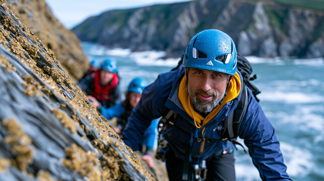 Coasteering guide leading group across barnacled sea cliff traverse above Atlantic swell, helmeted participants clinging to handholds, white water surging below, dramatic headland silhouetted behind